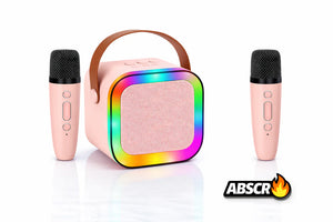Boxa Portabila Karaoke cu 2 Microfoane Wireless, Bluetooth, LED RGB, Radio FM – Set Karaoke Copii & Familie, Roz - Boomsale.ro