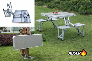 Masa pliabila aluminiu tip geamantan cu 4 scaune si suport umbrela – ideala pentru picnic, camping si gradina - Boomsale.ro
