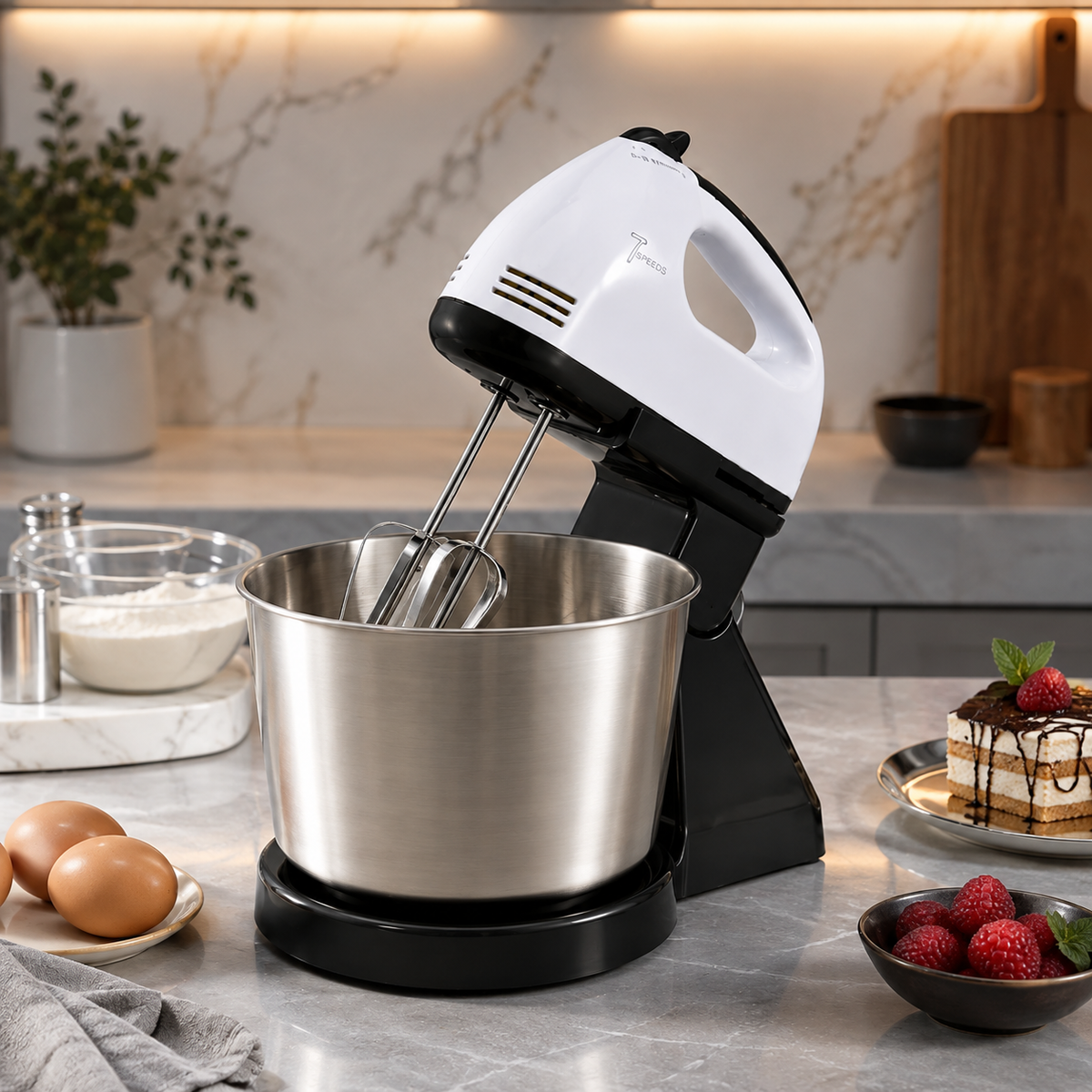 Mixer cu bol inox 4L YONSA 380W, 7 viteze, 2 in 1 (fix + manual) – mixer bucatarie multifunctional
