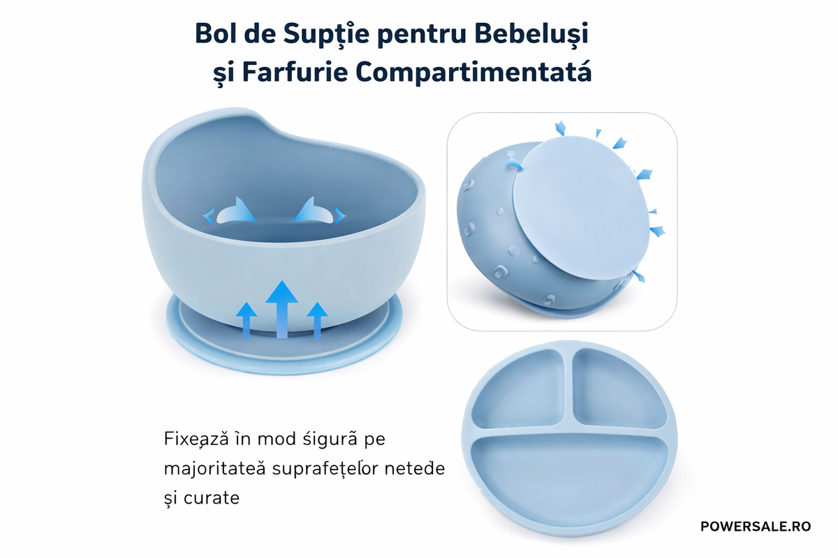 Set 10 piese hranire bebelusi din silicon alimentar – Set diversificare complet cu baveta reglabila - Boomsale.ro