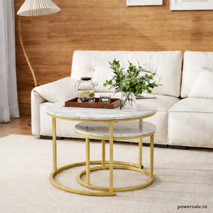 Set 2 masute de cafea rotunde cu efect marmura – Blat MDF + Cadru metalic auriu - Boomsale.ro