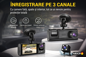 Camera auto DVR 3 canale, fata + interior + spate, Full HD 1080P, unghi larg 170°, ecran 2 inch, vedere nocturna, G-sensor, inregistrare in bucla - Boomsale.ro