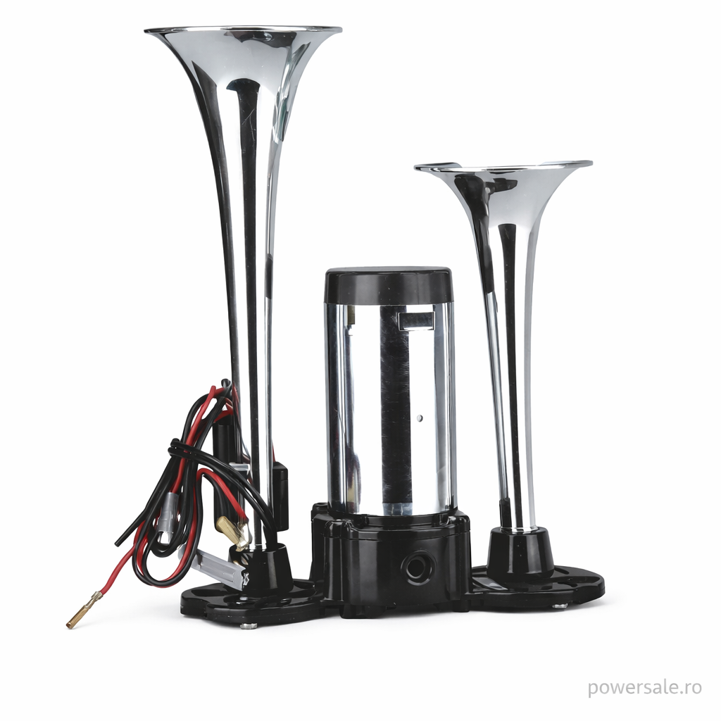 Claxon auto premium cromat cu doua goarne, compresor inclus, 12V - Boomsale.ro