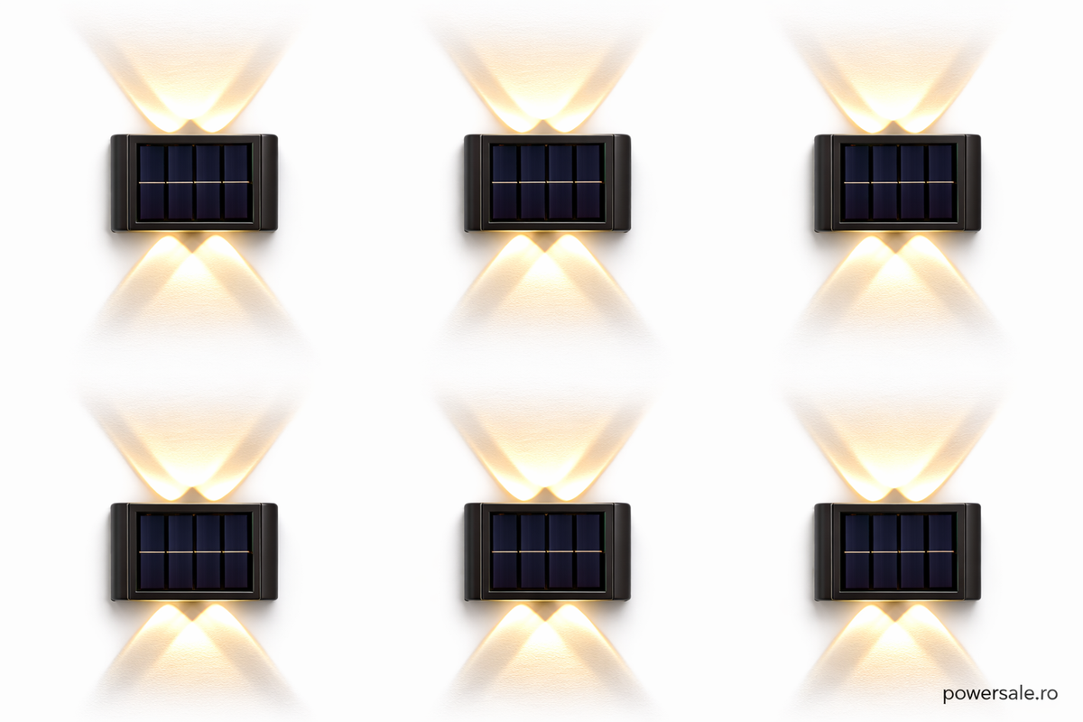 Set 6 x Lampă Solară de Perete Exterior cu 4 LED-uri, Senzor de Mișcare, Rezistentă la Apă IP65, Montaj pe Perete, Culoare Negru - Boomsale.ro