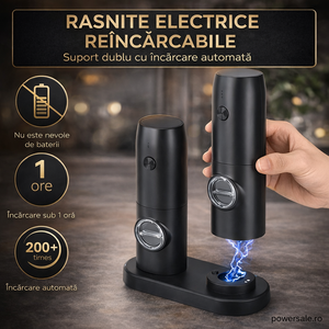 Set 2 Râșnițe Electrice Sare și Piper Reîncărcabile USB, Râșniță Automată Condimente cu Măcinare Reglabilă și Suport Încărcare - Boomsale.ro