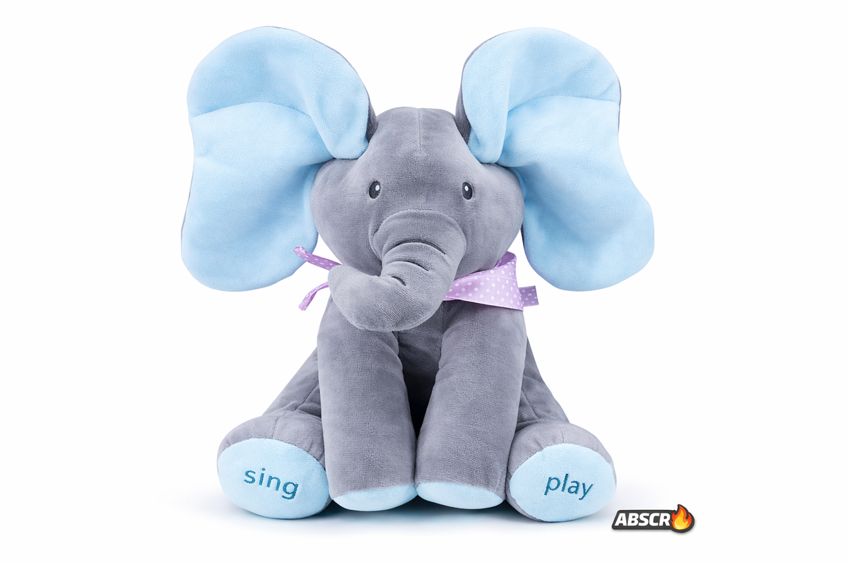 Jucarie de plus interactiva ABSCR Elefant Peek-a-Boo, canta si se joaca Cucu Bau, misca urechile, 2 moduri de joc, 33 x 16 cm, material moale, pentru copii - Boomsale.ro