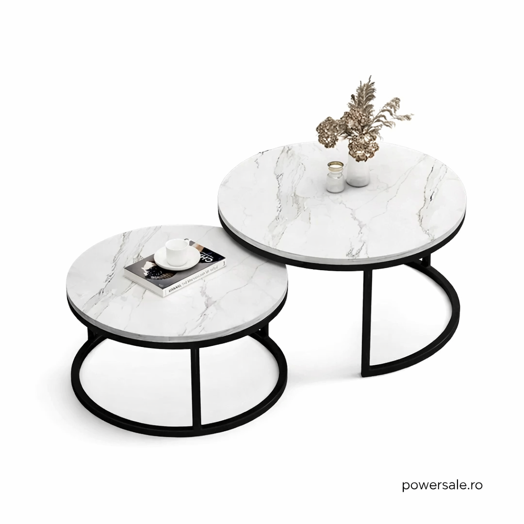 Set 2 Măsuțe de Cafea Rotunde cu Efect Marmură – Blat MDF Premium, Cadru Metalic Negru, Design Modern pentru Living - Boomsale.ro