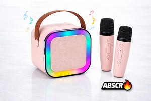 Boxa Portabila Karaoke cu 2 Microfoane Wireless, Bluetooth, LED RGB, Radio FM – Set Karaoke Copii & Familie, Roz - Boomsale.ro