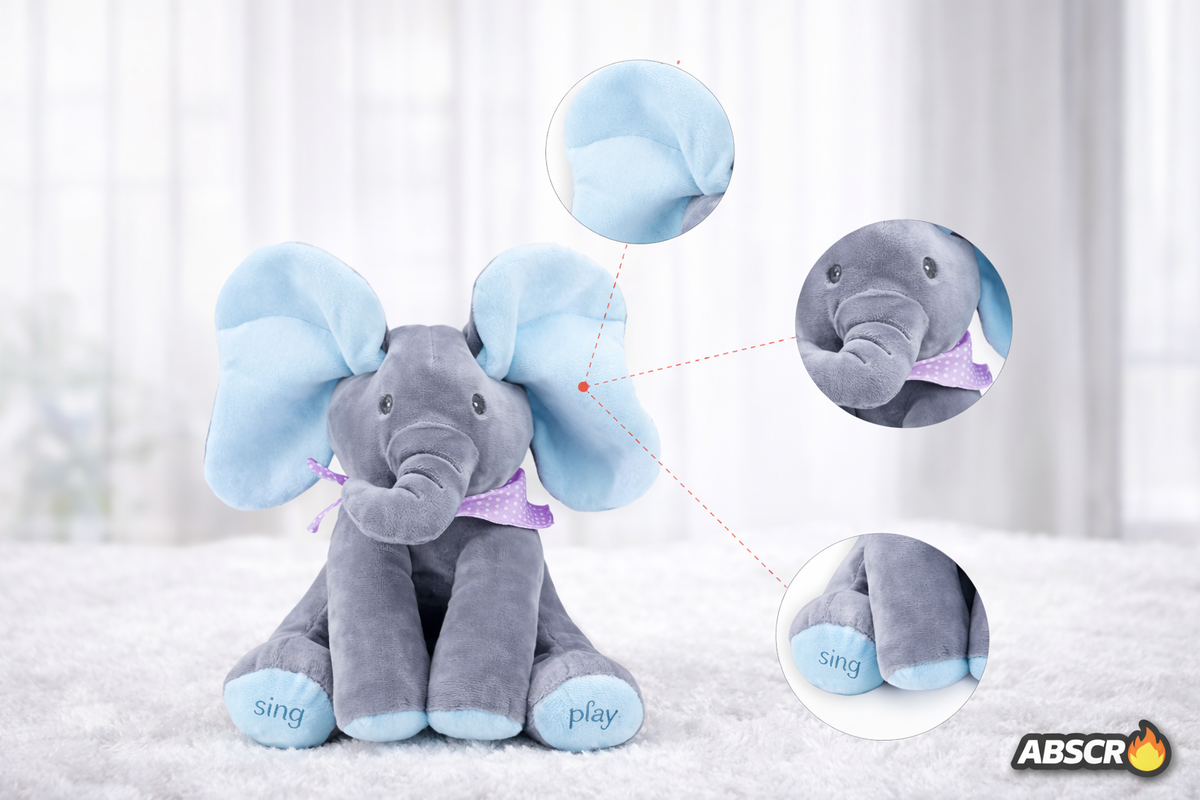 Jucarie de plus interactiva ABSCR Elefant Peek-a-Boo, canta si se joaca Cucu Bau, misca urechile, 2 moduri de joc, 33 x 16 cm, material moale, pentru copii - Boomsale.ro