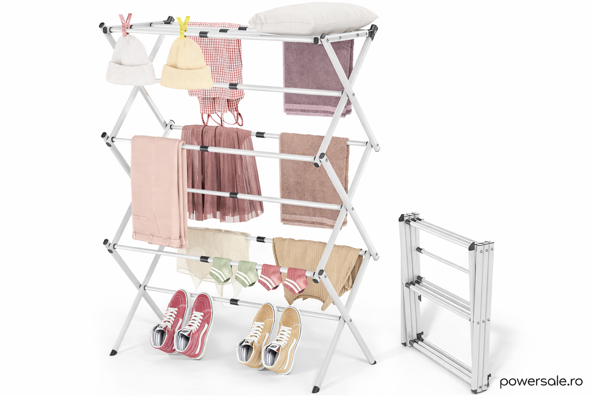 Uscător de rufe vertical pliabil 40-75x37x105 cm – Suport uscare haine compact, extensibil și stabil pentru interior - Boomsale.ro