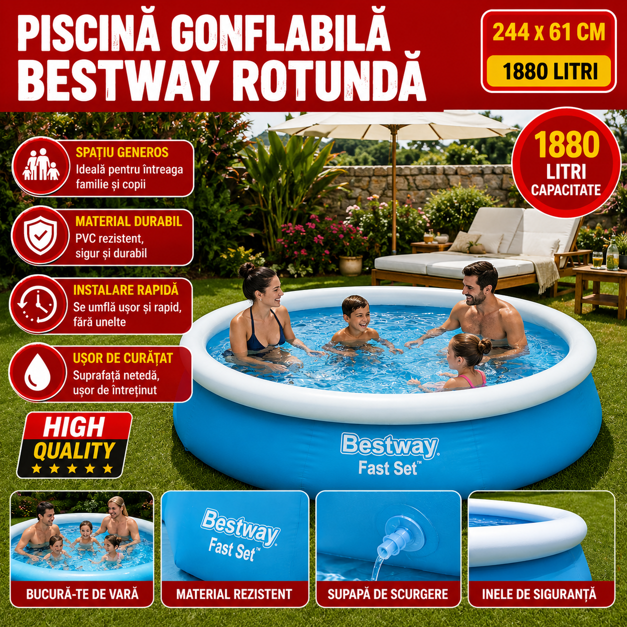 Piscina Gonflabila Bestway Fast Set Rotunda 244 x 61 cm, Capacitate 1880 Litri, Montaj Rapid, Albastra - Boomsale.ro
