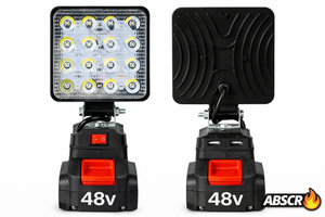 Lampa de lucru LED 48W portabilă cu acumulator Li-Ion 48V – Proiector profesional reglabil 90°, lumină puternică pentru atelier, șantier, camping - Boomsale.ro