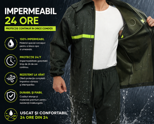Costum Impermeabil Ploaie Profesional, Set Geaca si Pantaloni, Cu Gluga, Respirabil, Reflectorizant, Protectie Completa Exterior-Marime Universala- Powersale