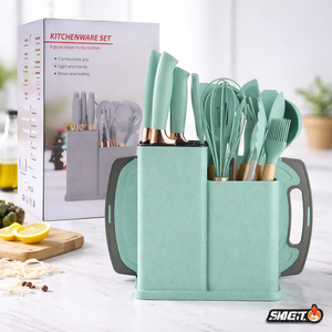 Set ustensile bucatarie 19 piese din silicon alimentar si lemn, rezistente la caldura, cu suport depozitare si tocator inclus - Boomsale.ro