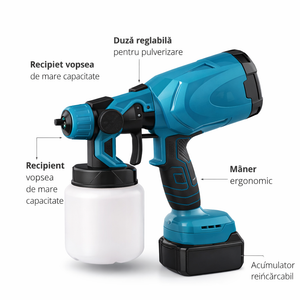 Pistol de vopsit electric fără fir 210W, 2 acumulatori Li-Ion 48V, , rezervor 800 ml, pulverizare reglabilă - Boomsale.ro