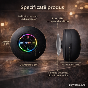 Set 2 Bucăți-Boxă Bluetooth pentru Duș IPX4 cu LED RGB și Ventuză – Waterproof, Portabilă - Boomsale.ro