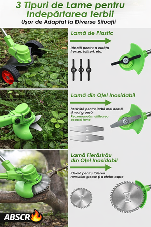 Motocoasă Electrică cu 2 Acumulatori 48V 4000 mAh, 18000 RPM, cu Roți Detasabile, Disc + 2 Lame + 5 Palete Incluse – Trimmer Profesional Iarbă și Buruieni - Boomsale.ro