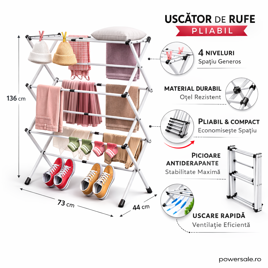 Uscător de rufe vertical pliabil 40-75x37x105 cm – Suport uscare haine compact, extensibil și stabil pentru interior - Boomsale.ro