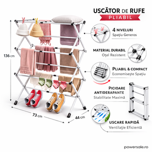 Uscător de rufe vertical pliabil 40-75x37x105 cm – Suport uscare haine compact, extensibil și stabil pentru interior - Boomsale.ro
