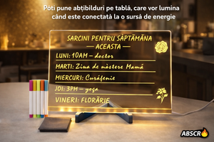 Tabla acrilica luminata LED, pentru desen si scriere, suport reglabil, 7 carioci colorate, laveta inclusa, alimentare USB, 30 x 20 cm, reutilizabila - Boomsale.ro