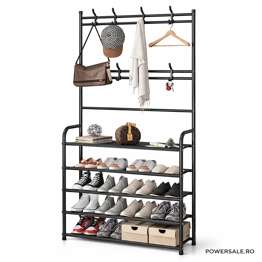 Cuier metalic multifunctional cu pantofar, 4 rafturi spațioase – hol, living, organizator pentru incaltaminte si haine - Boomsale.ro