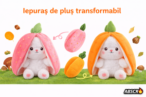 Set 2x Iepuraș de pluș transformabil 2 în 1 (morcov/căpșună) 30 cm – jucărie moale fleece & bumbac copii - Boomsale.ro