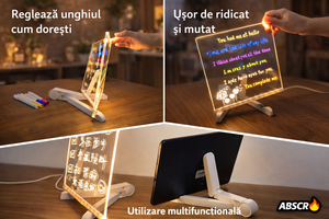 Tabla acrilica luminata LED, pentru desen si scriere, suport reglabil, 7 carioci colorate, laveta inclusa, alimentare USB, 30 x 20 cm, reutilizabila - Boomsale.ro