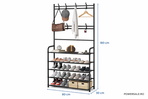 Cuier metalic multifunctional cu pantofar, 4 rafturi spațioase – hol, living, organizator pentru incaltaminte si haine - Boomsale.ro