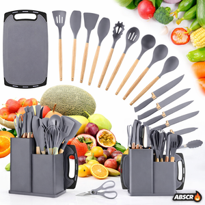 Set ustensile bucatarie 19 piese din silicon alimentar si lemn, rezistente la caldura, cu suport depozitare si tocator inclus - Boomsale.ro