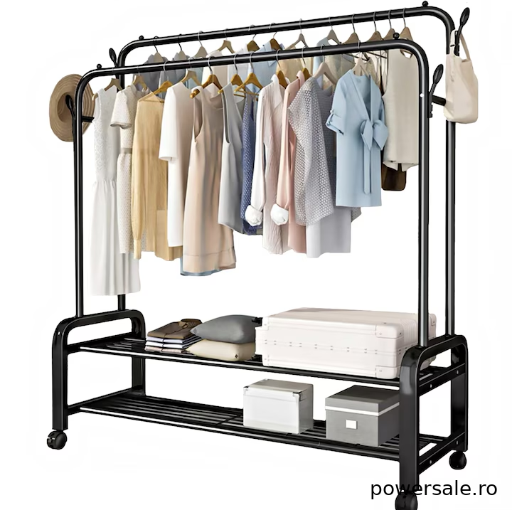 Suport haine metalic cu roți și rafturi 143x96x42 cm – organizator garderobă multifuncțional, suport umerașe haine negru - Boomsale.ro