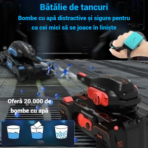 Tanc de Jucarie cu Telecomanda, Control pe Bratara, Bile Hidrogel, Proiectie cu Apa, Rotire 360, Off-road, Lumini si Sunete Interactive – Negru Rosu - Boomsale.ro