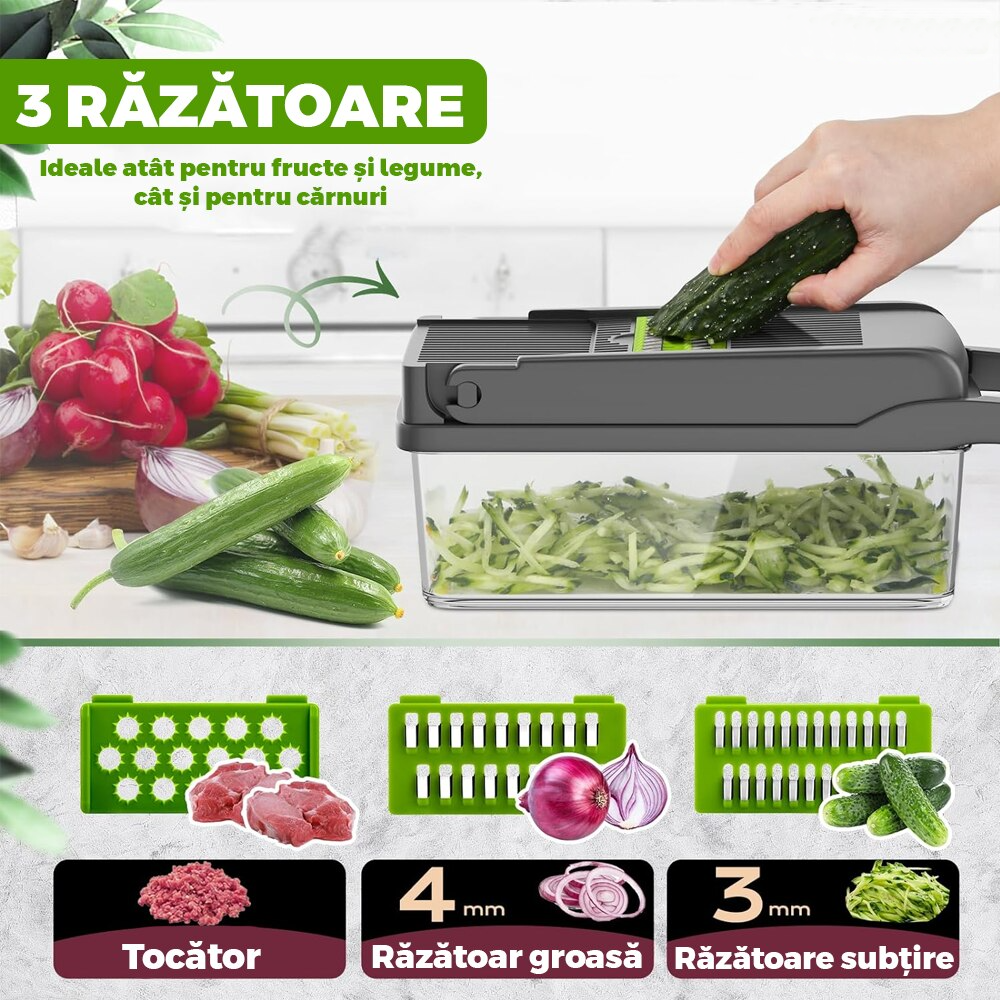 Feliator de Legume Multifuncțional 15 în 1, cu 8 Tăieturi, Lame Inox, Accesorii pentru Tocat și Julienne, Caserolă Inclusă, Verde - Boomsale.ro