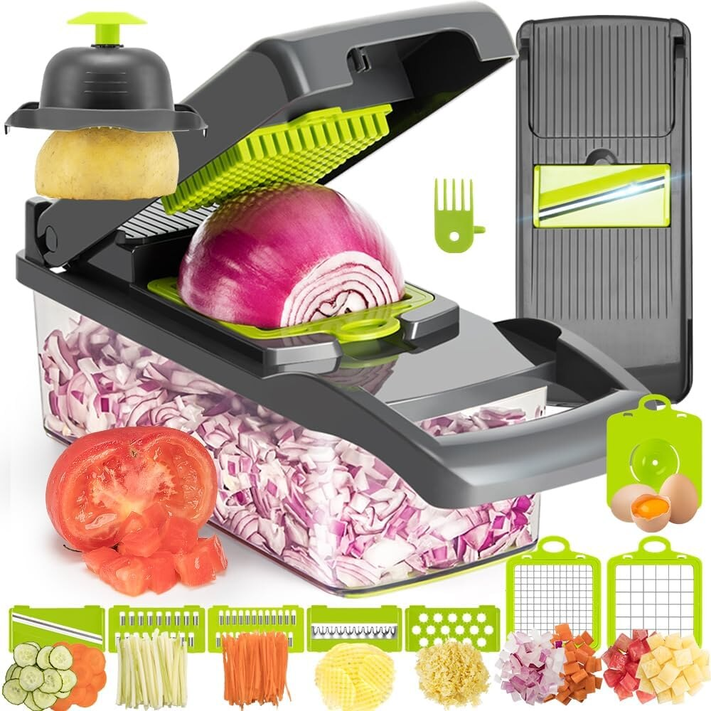 Feliator de Legume Multifuncțional 15 în 1, cu 8 Tăieturi, Lame Inox, Accesorii pentru Tocat și Julienne, Caserolă Inclusă, Verde - Boomsale.ro