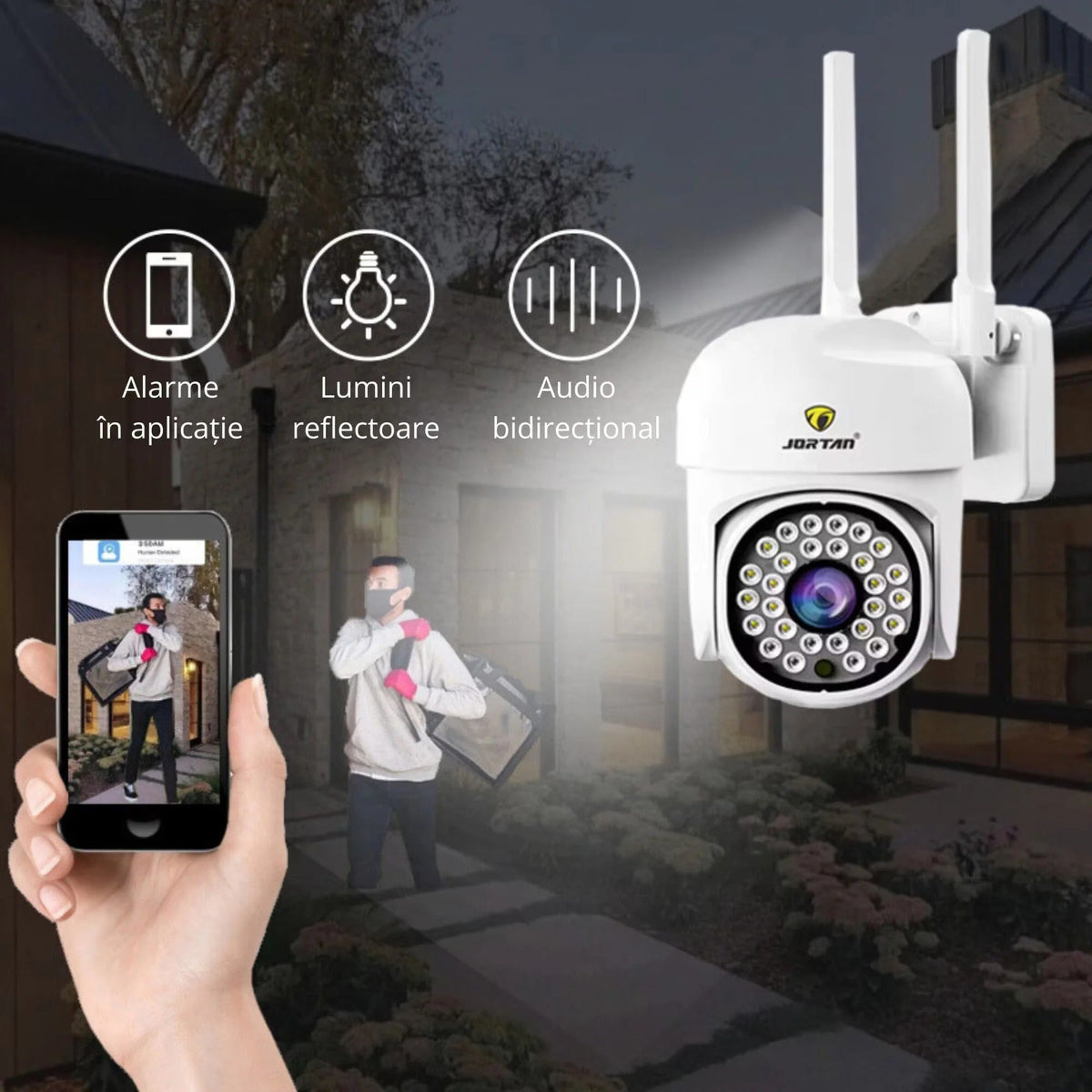 Set 4 Camere Supraveghere WIFI Jortan + 4 Carduri 32GB, 360° Rotire, Detectie Umana, Vedere Noapte Color, Sirena, IP66 - Boomsale.ro