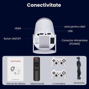 Videoproiector portabil smart cu Android 11, 2 controllere și jocuri incluse, Wi-Fi 6, suport 4K - Boomsale.ro