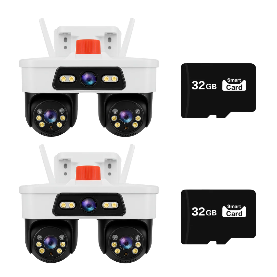 Set 2 Camere WiFi Exterior 9MP 6K cu 3 Lentile si Cap PTZ 355°, Viziune Nocturna Color si Audio Bidirectional, IP66 + 2 x Card 32GB - Boomsale.ro