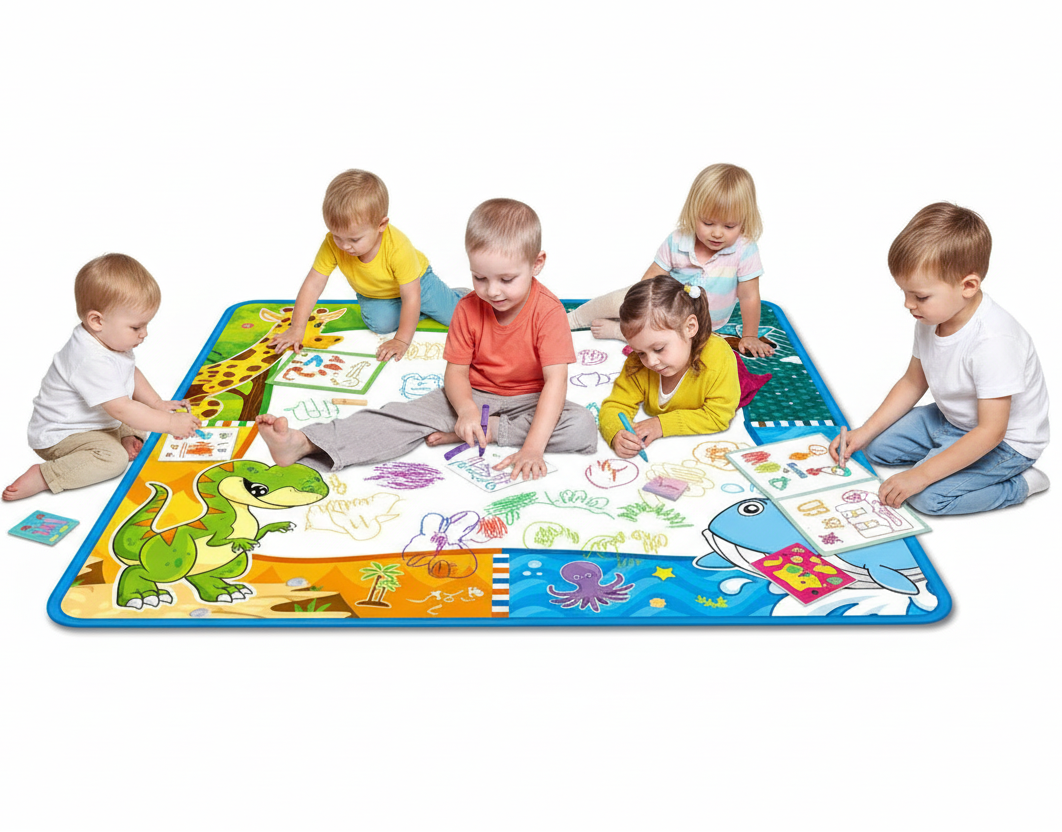 Covoras creativ pentru copii – desen cu apa, inclus carioci si spray, 80x80 cm - Boomsale.ro