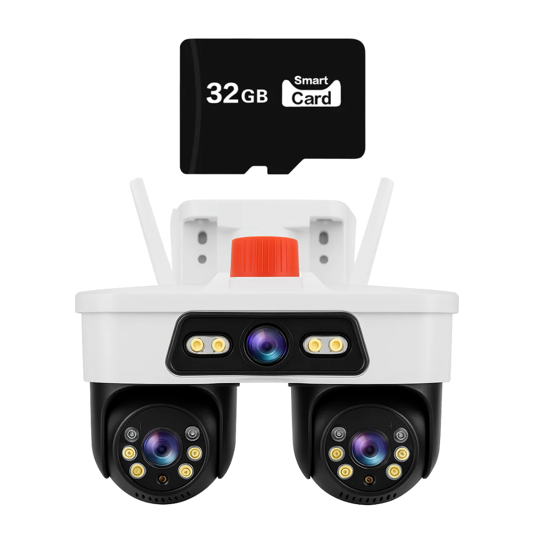 Camera WiFi Exterior 9MP 6K cu 3 Lentile si Cap PTZ 355°, Viziune Nocturna Color si Audio Bidirectional, IP66 + Card 32GB - Boomsale.ro