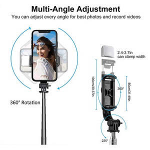 Trepied selfie stick Bluetooth cu lumină LED, extensibil 105 cm, Negru - Boomsale.ro