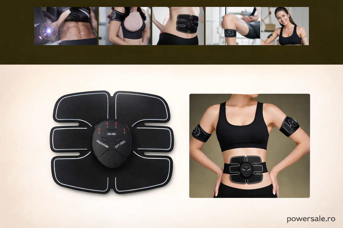 Aparat EMS pentru tonifiere abdomen și brațe + CADOU Mini Aparat Masaj Cervical cu impulsuri - Boomsale.ro