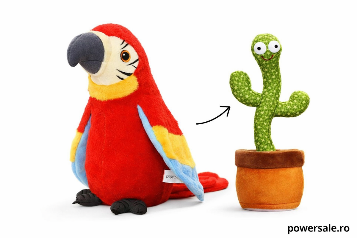 Papagal Vorbitor Interactiv + Cactus Dansator Cadou | Jucării de Plus Interactive pentru Copii - Boomsale.ro