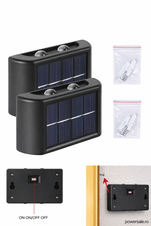 Set 6 x Lampă Solară de Perete Exterior cu 4 LED-uri, Senzor de Mișcare, Rezistentă la Apă IP65, Montaj pe Perete, Culoare Negru - Boomsale.ro