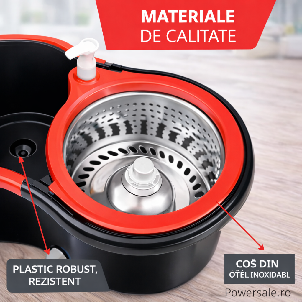 Set Mop Rotativ 360° cu Galeata Dubla, Maner Inox si 5 Rezerve Microfibra - Boomsale.ro