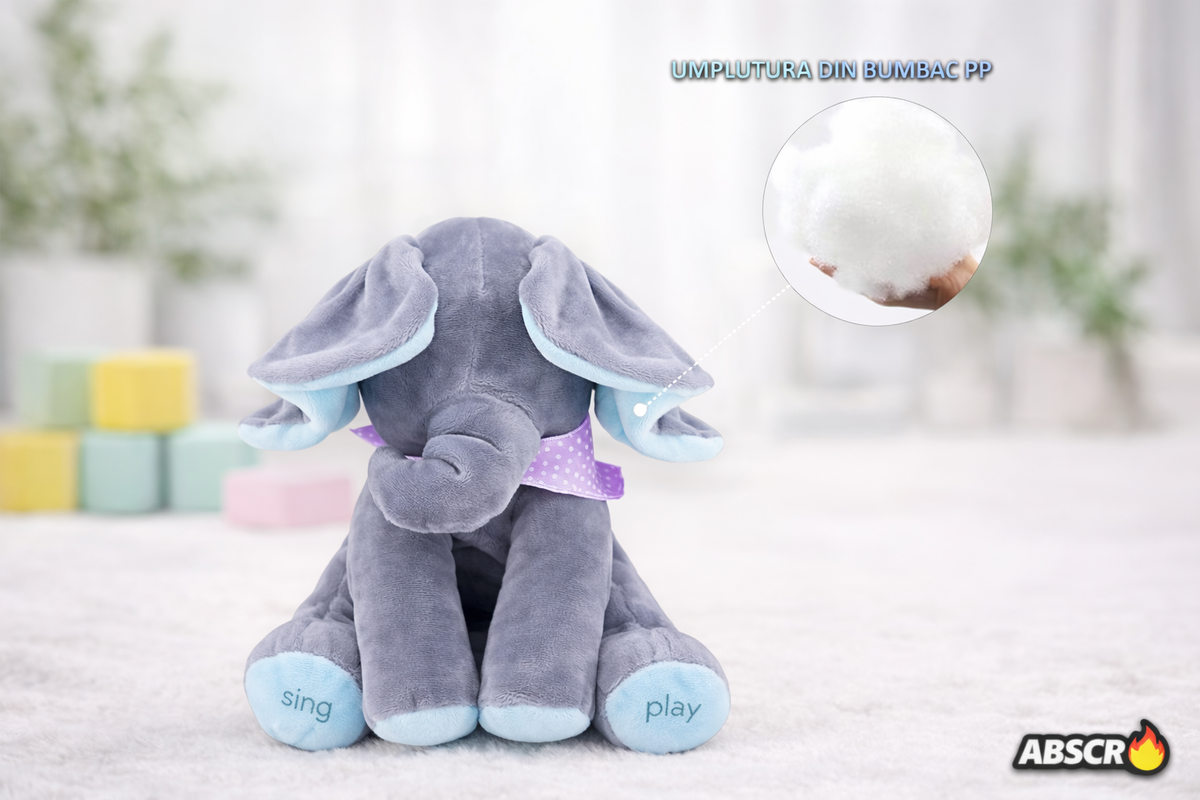 Jucarie de plus interactiva ABSCR Elefant Peek-a-Boo, canta si se joaca Cucu Bau, misca urechile, 2 moduri de joc, 33 x 16 cm, material moale, pentru copii - Boomsale.ro