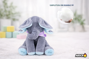 Jucarie de plus interactiva ABSCR Elefant Peek-a-Boo, canta si se joaca Cucu Bau, misca urechile, 2 moduri de joc, 33 x 16 cm, material moale, pentru copii - Boomsale.ro