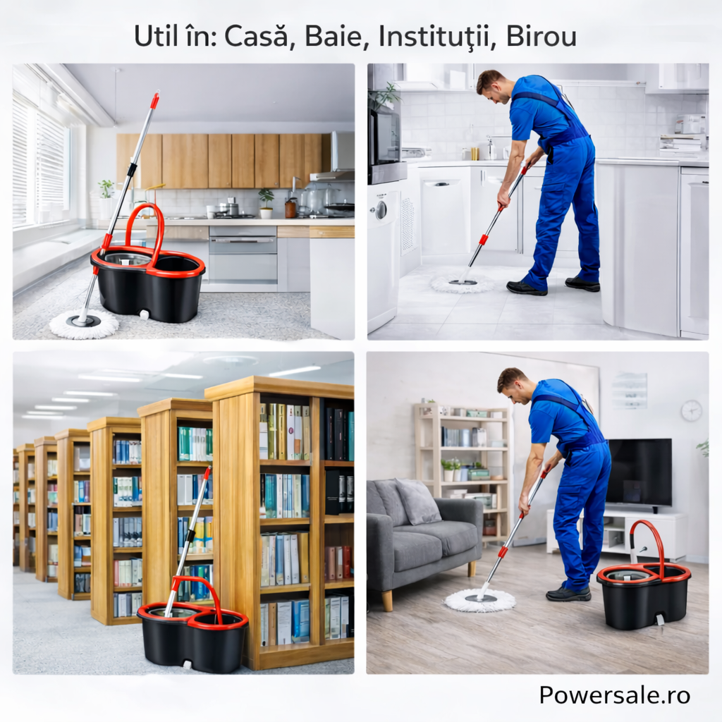 Set Mop Rotativ 360° cu Galeata Dubla, Maner Inox si 5 Rezerve Microfibra - Boomsale.ro