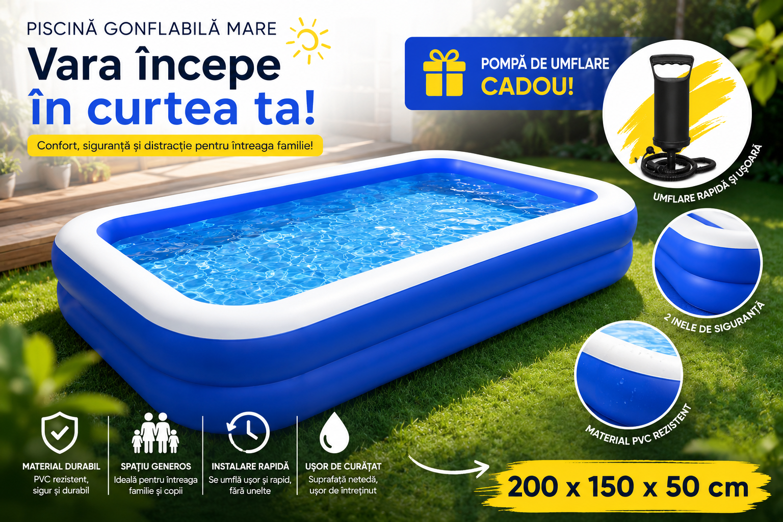Piscina gonflabila familiala 200x150x50 cm cu pompa de umflare cadou, PVC rezistent, 2 inele de aer - Boomsale.ro