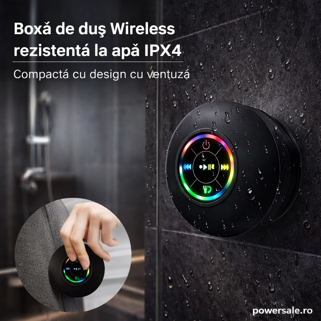 Set 2 Bucăți-Boxă Bluetooth pentru Duș IPX4 cu LED RGB și Ventuză – Waterproof, Portabilă - Boomsale.ro