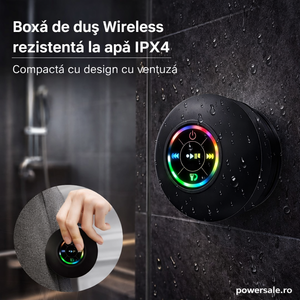 Set 2 Bucăți-Boxă Bluetooth pentru Duș IPX4 cu LED RGB și Ventuză – Waterproof, Portabilă - Boomsale.ro