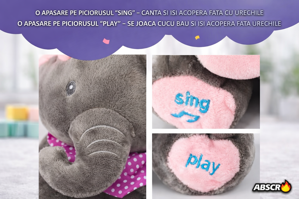 Jucarie de plus interactiva ABSCR Elefant Peek-a-Boo, canta si se joaca Cucu Bau, misca urechile, 2 moduri de joc, 33 x 16 cm, material moale, pentru copii - Boomsale.ro